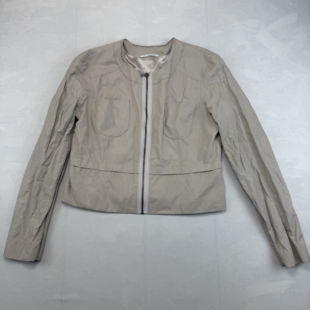 T Tahari Women's Size 12 Beige Cropped Jacket Zip Front Lightweight Pockets